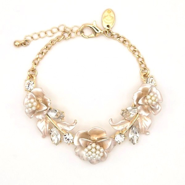 Charming Charlie Gold Tone Floral Bracelet Faux Pearls Crystals Adjustable Chain gallery
