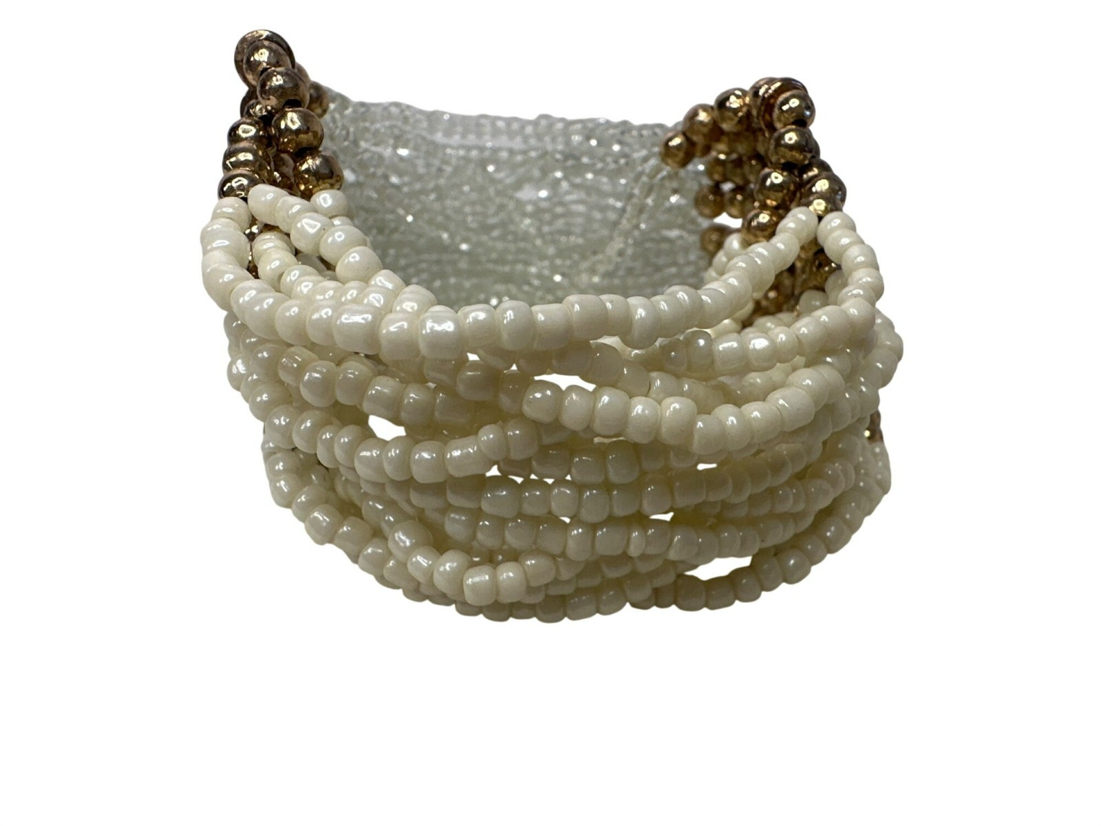 Multistrand Beaded Bracelet Gold Clear White Beads Stretchable Boho Chunky gallery