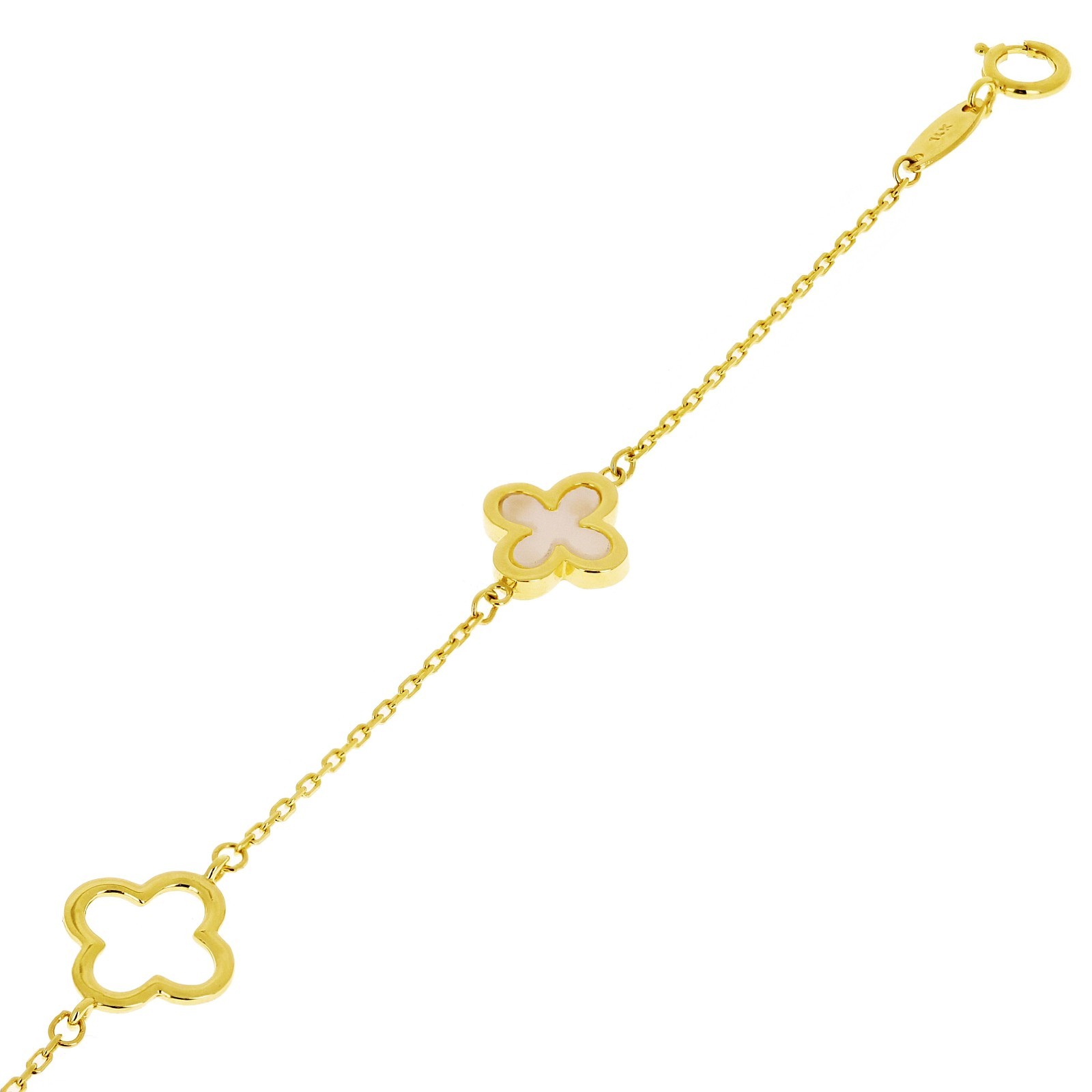 Italian 14k Yellow Gold Mother of Pearl Flower Charm Station Bracelet 7" 1.8gram gallery