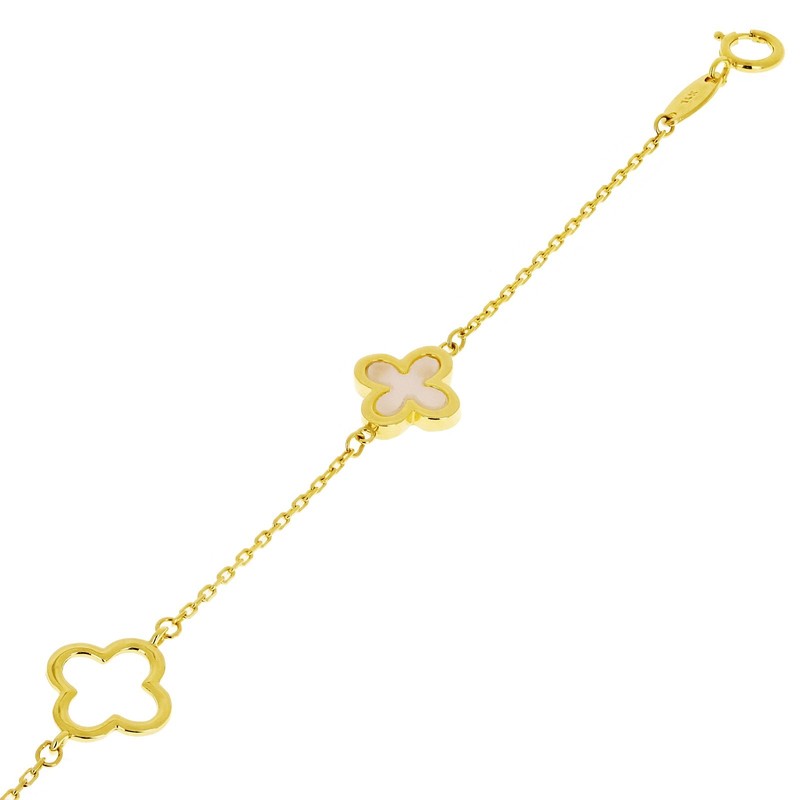 Italian 14k Yellow Gold Mother of Pearl Flower Charm Station Bracelet 7" 1.8gram gallery