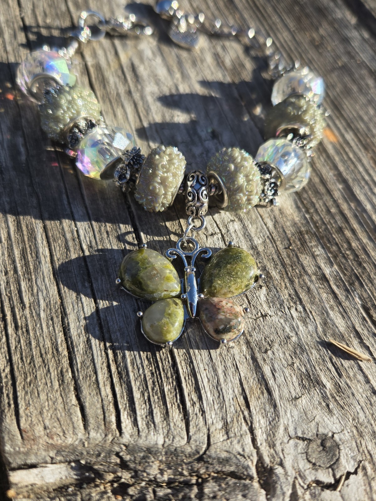 Silver & Green Beaded Charm Bracelet with Butterfly Dangle, Lobster Clasp gallery