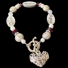 TEACHER WISDOM INSPIRE Heart Charm Beaded Bracelet Silvertone 7 in Toggle Clasp