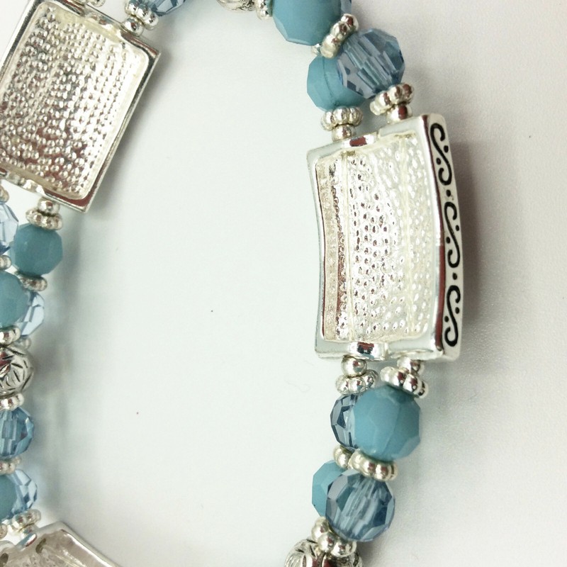 Fun Turquoise Blue and Silver Word Panel Stretch Bracelet w Peace, Unity, Wish gallery
