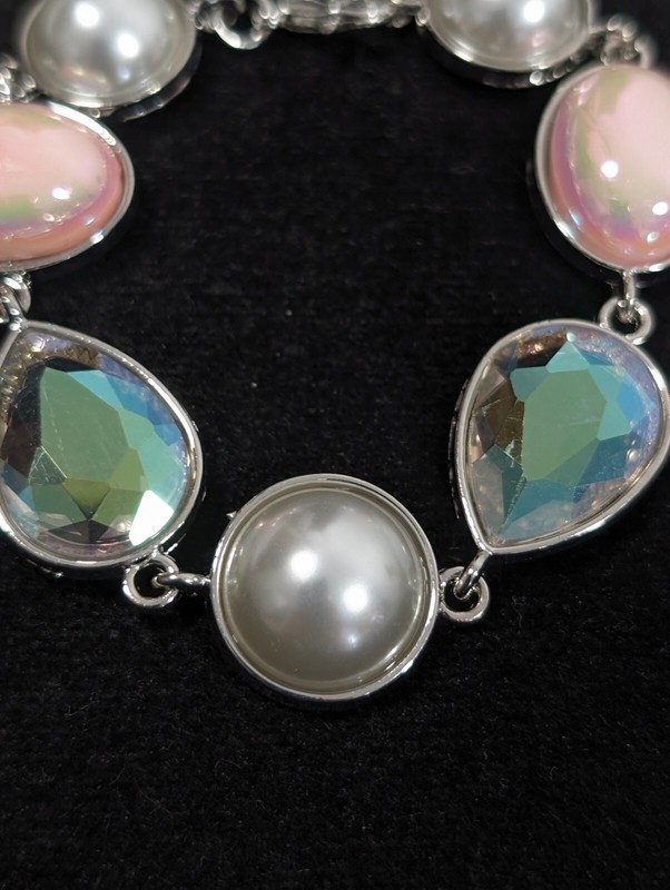 Silver Tone Pink Iridescent AB Crystal Faux Pearl Bezel Tennis Bracelet 9 in gallery