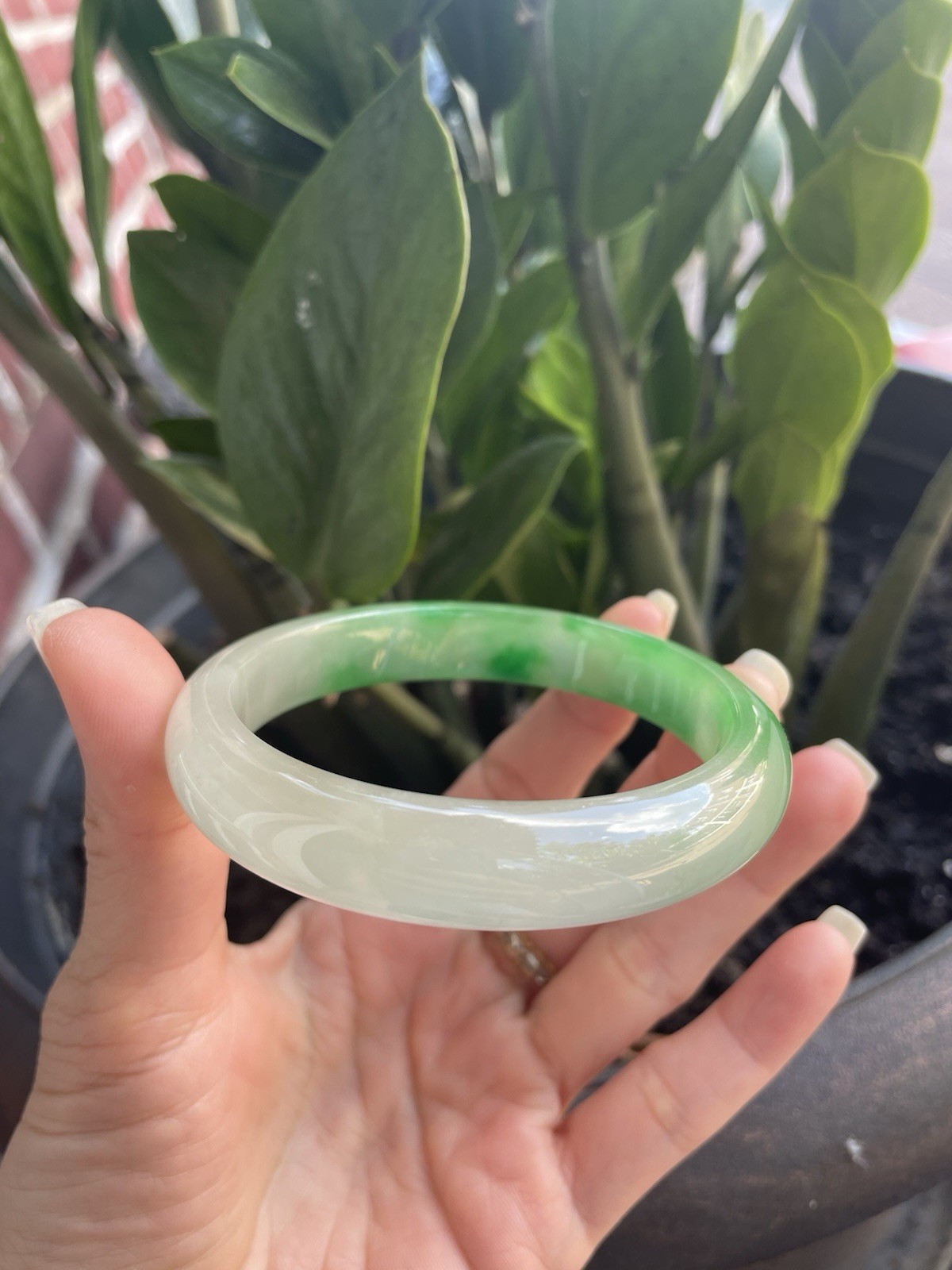Green & White jade stone Bangle Bracelet Round Shape 60mm inner gallery