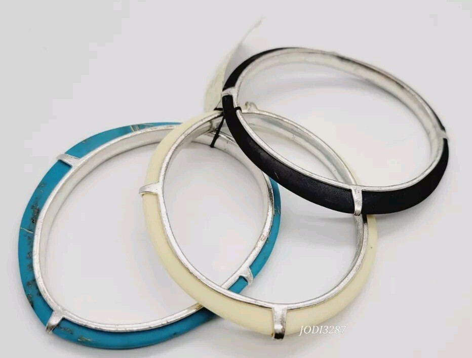 Fossil Brand Bangle Bracelet Lot 3pc Set Brown Cream Blue OSFM gallery