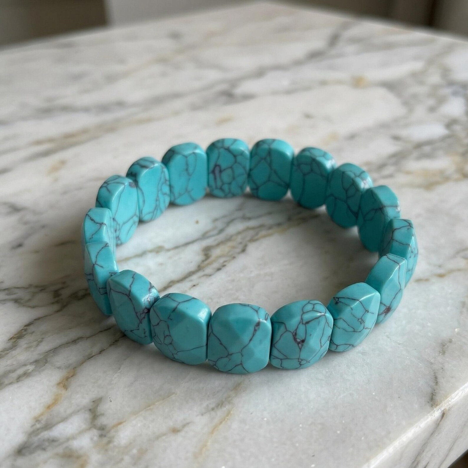 Turquoise Stretch Bracelet, Bright Blue Gemstone Beads with Matrix Veins gallery