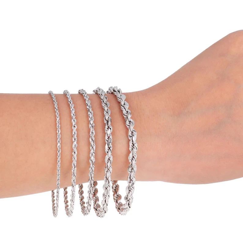 10K White Gold Rope Chain Bracelet Diamond Cut Real Gold 1mm-5mm 7-9in gallery