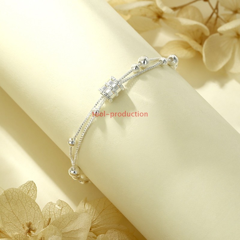 925 Sterling Silver Barrel Charm Double Layer Beaded Women Silver Bracelet Gift gallery