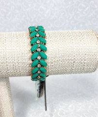 J.Crew Teal Green And Clear Rhinestones Crystals Gold Tone Stretch Bracelet