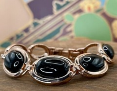 Heavy Black Onyx Cabochon 18k Rose Gold Over Bronze Bracelet Adjustable 8″