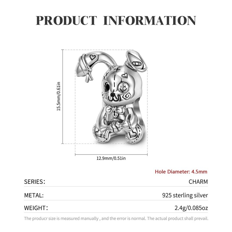 925 Sterling Silver Bunny Voodoo Doll Rabbit Ragdoll Bracelet Charm Bead Punk gallery