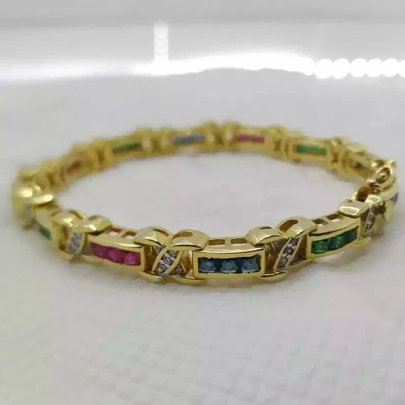 7.12 Ct Princess Cut Simulated Sapphire Tennis Bracelet 14K Yellow Gold Plated gallery