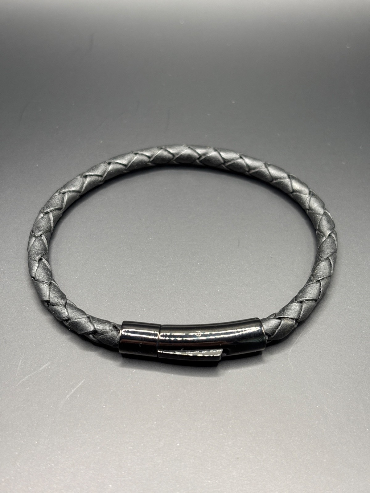 5mm MEN'S HANDMADE Black Braided Leather Bracelet 8in Long - BLACK CLASP gallery