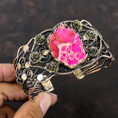 Pink Sea Sediment Jasper Gemstone Copper Wife Elegant Wire Wrapped Flower Bangle