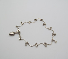 Vintage Silver Tone Ball Curved Link w/ Sterling Silver Heart Tag Charm Bracelet