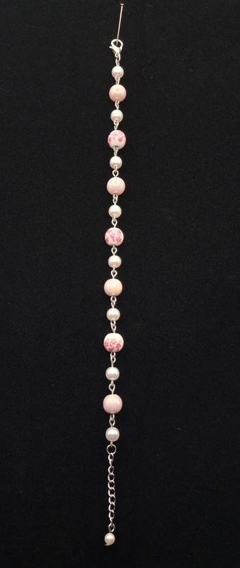 Pink Floral Beaded Bracelet White Faux Pearl Silver Tone Link Coquette Aesthetic gallery