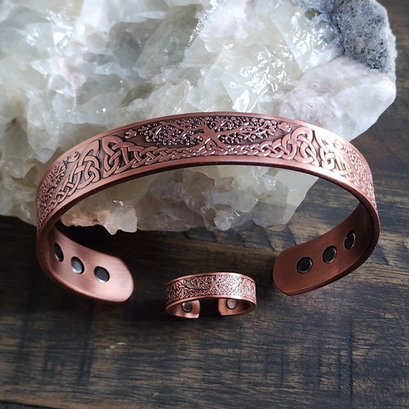Tree of Life Copper Therapy Bracelet Magnetic Pure Copper Cuff and Ring... gallery
