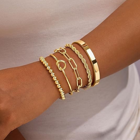 Gold Bracelets Set for Women Non Tarnish, 14K Gold Plated Sterling Silver Chunky gallery