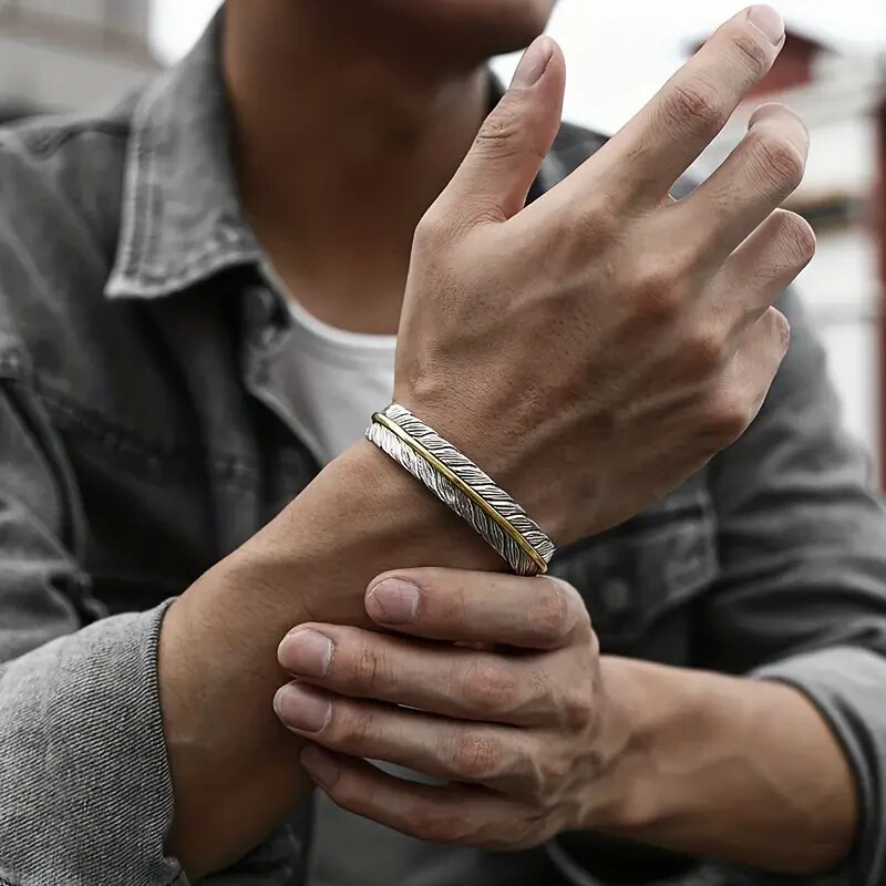 Men Vintage Silver Feather Cuff Bracelet Adjustable Wrist Bangle Bracelet Gift gallery