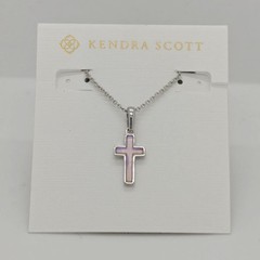 New Kendra Scott Cross Silver Pendant Necklace in Pink Dichroic Glass