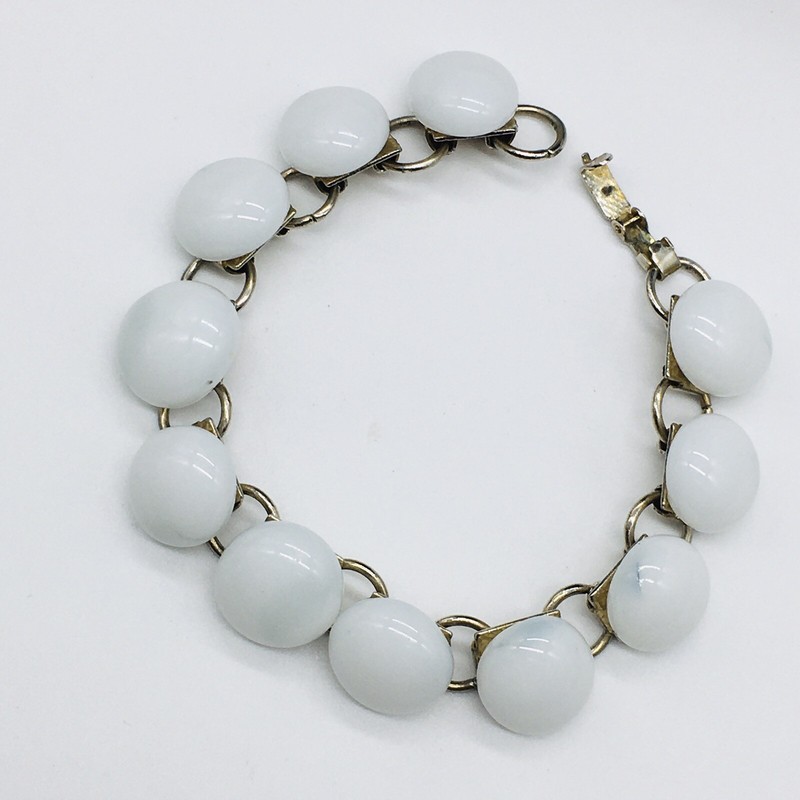 Gold Tone Book Chain Connector White Glass Bezel Bracelet 7" gallery