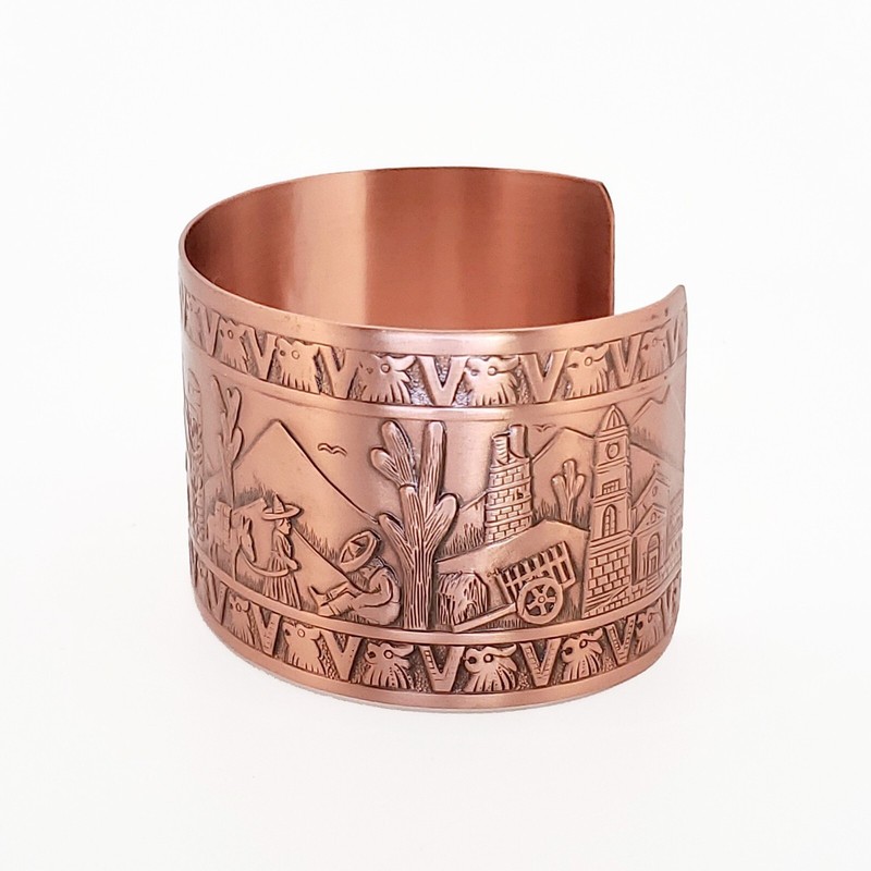Solid Copper Adjustable Cuff Bracelet with Embossed Mexican Motif Antique Finish gallery