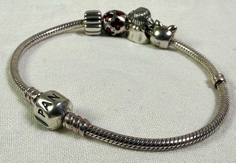 Pandora 7.9" Bracelet 20cm w Pig, Girl, Butterfly Bead & Clip All .925 Silver gallery