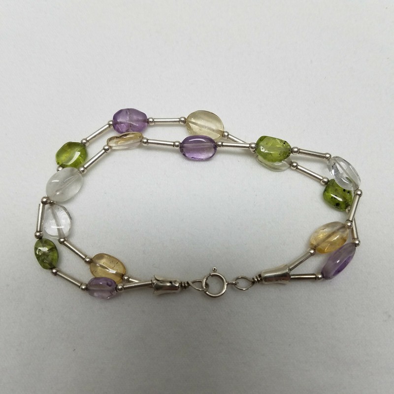 Bracelet Silver Tone Double Strand Clear, Lavender And Green Beads 2 1/2" gallery
