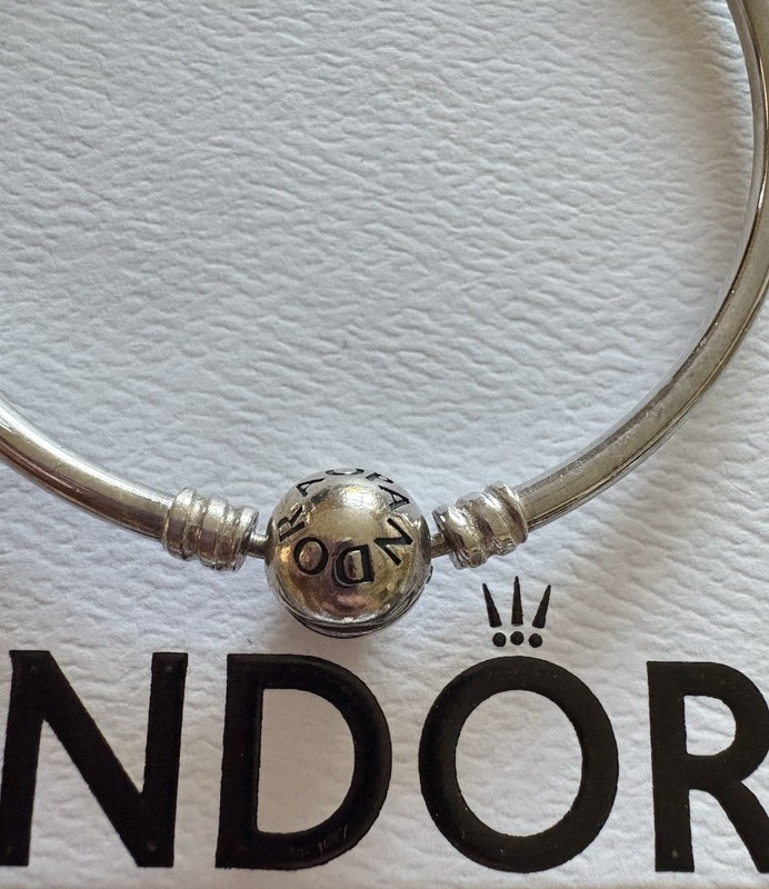 PANDORA Sterling Silver Snake Chain Charm Bangle Bracelet Ball Logo Clasp Signed gallery