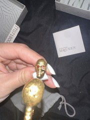Alexander McQueen Twin Skull Cuff Bracelet Gold Tone Red Crystal Eyes w/ Box