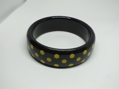 Beautiful Bangle Bracelet Black Yellow Polka Dots Plastic 1′ W x 2 3/4″ Across