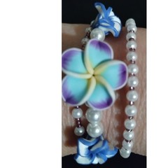 Polymer Clay Plumeria Flower Bead Faux Pearl Three Strand Bracelet