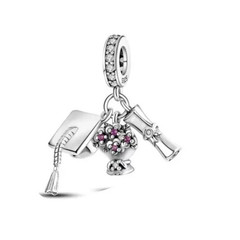 GRADUATION CAP DIPLOMA CZ STERLING SILVER CHARM BRACELET PENDANT BEAD & POUCH!