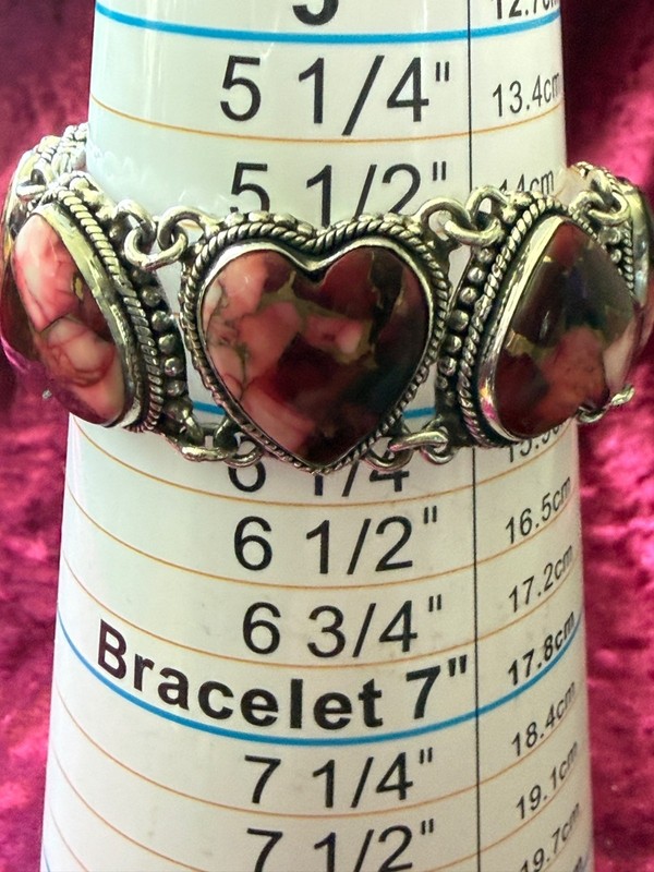 Silver Tone Heart Bracelet Red Rose Dahlia Inlay Adjustable Clasp 7-8 Inches gallery