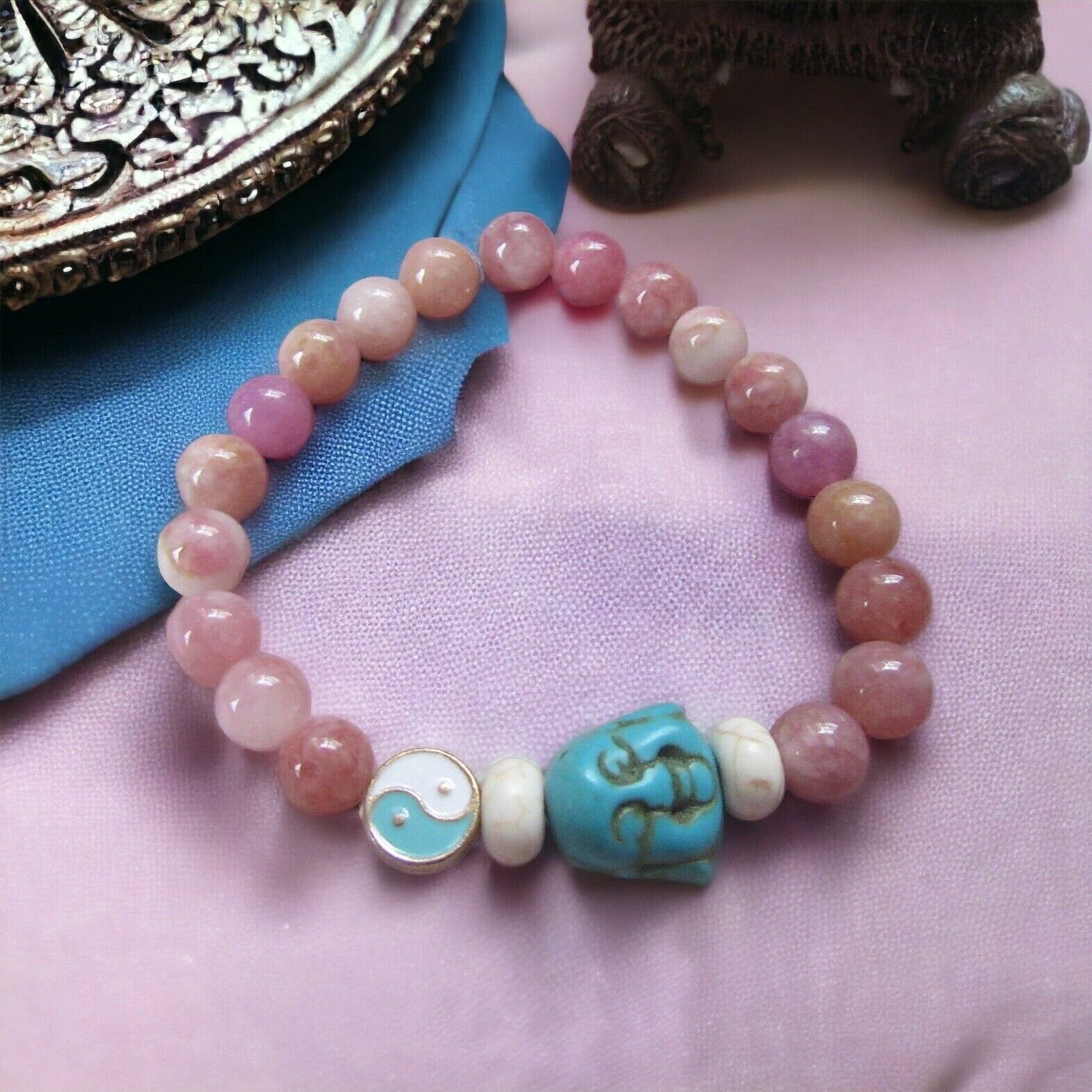 Balance & Bliss! Aqua Happy Buddha Stretch Bracelet with Yin Yang Bead gallery