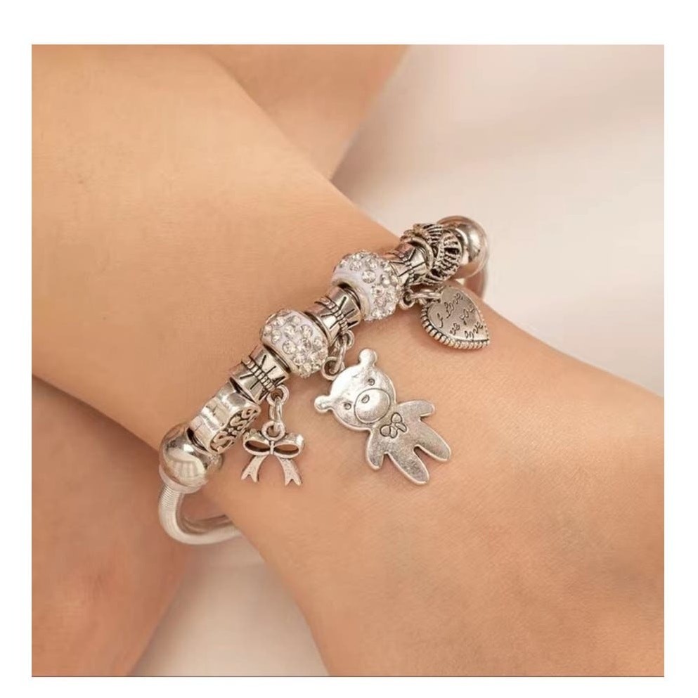 Beaded I Love You Bear Charm Zinc Alloy Open Cuff Bangle Bracelet gallery