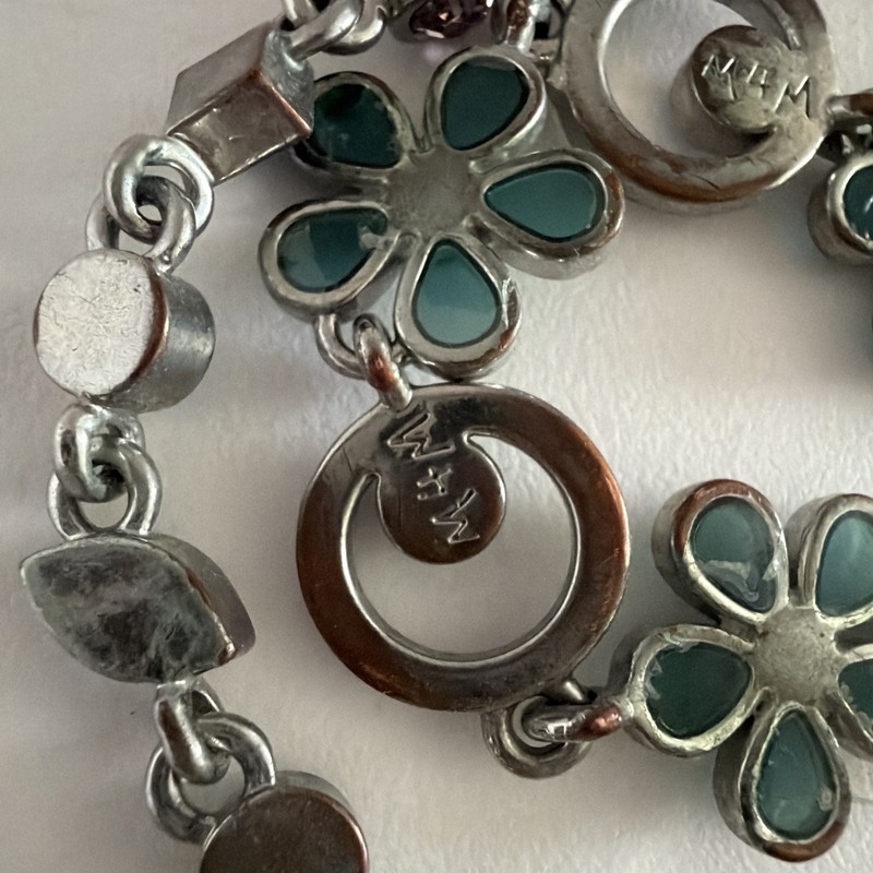 Set of two Women’s M4M Blue Rhinestone Flower Silver Toggle Bracelet 7 1/2 Inch gallery