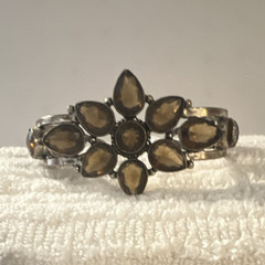 Silver Tone Flower Openwork Cuff Bracelet Brown Teardrop Bezel Stones 4 in