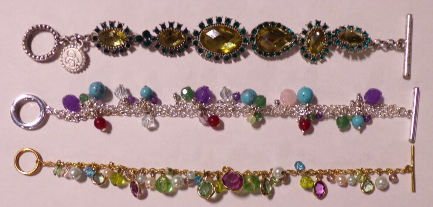 3 CHARM BRACELETS JEWELRY MULTICOLOR PLASTIC RESIN METAL BEAD ROUND TOGGLE CLASP gallery
