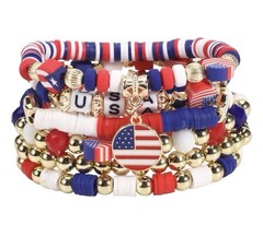 USA Bracelets 6 Pcs American Flag Charm Stretch Beaded 250th Anniversary NEW