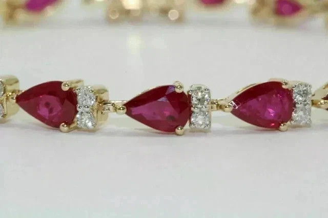 Lab Created Red Ruby 5Ct Pear Cut Women's Tennis Bracelet 14K Yellow Gold Plated gallery