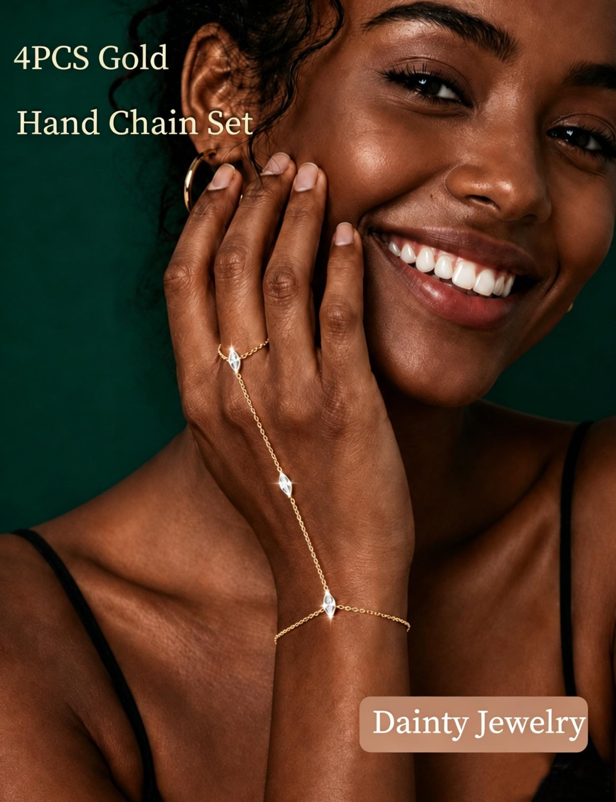 4PCS Gold Plated Hand Chain Bracelet Set, Dainty Adjustable Rings, CZ Jewelry, S gallery