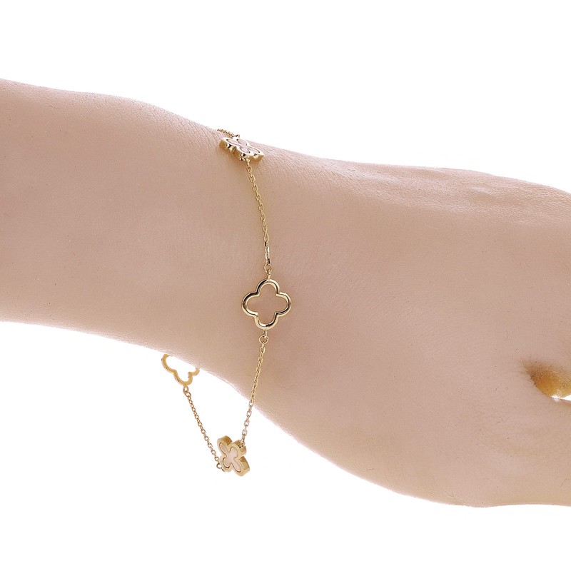 Italian 14k Yellow Gold Mother of Pearl Flower Charm Station Bracelet 7" 1.8gram gallery