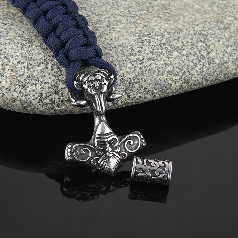 Stainless Steel Viking Goat&Odin Thor Hammer Mjolnir Parachute Rope Bracelet gallery