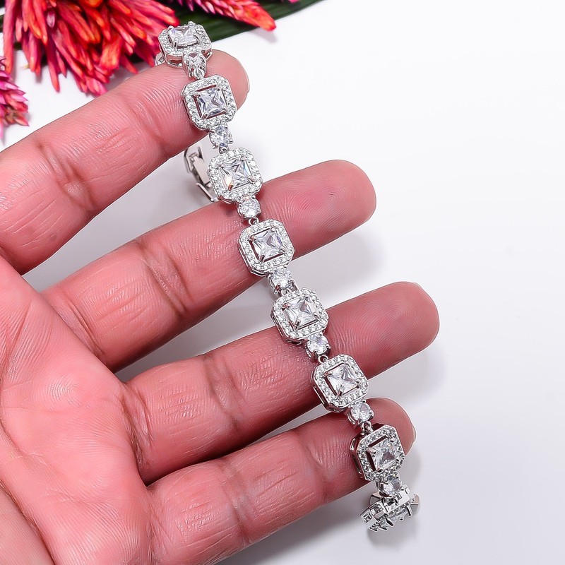 White Topaz, CZ 925 Sterling Silver Adjustable Bracelet 7-8" B132937 gallery