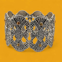 EGYPTIAN REVIVAL art deco inspired wide stretch bracelet cuff silvertone 7″ W4