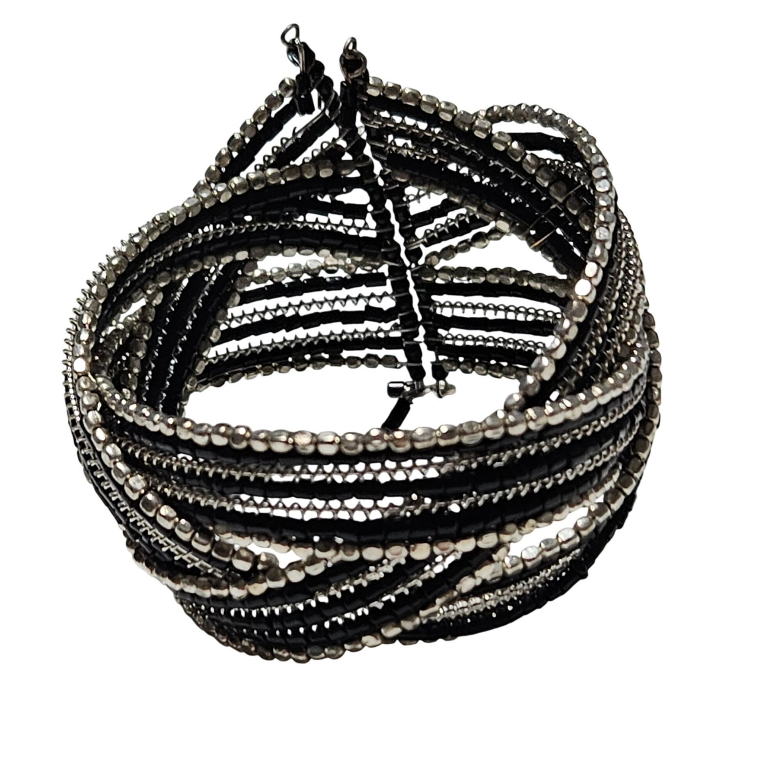 Elegant Silver Black Beaded Coil Cuff Bracelet Multi Layered Boho Chic Jewelry gallery