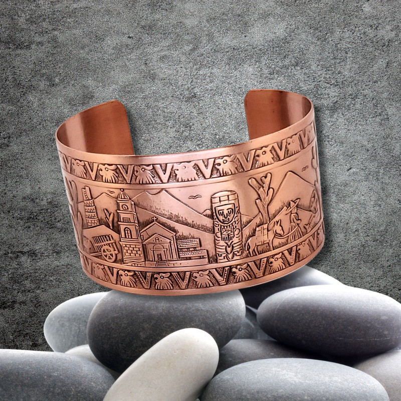 Solid Copper Adjustable Cuff Bracelet with Embossed Mexican Motif Antique Finish gallery