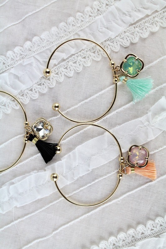 Gold Tassel Cuff Bracelet Thread Fringe and Crystal or Opal Charm 3 Colors gallery